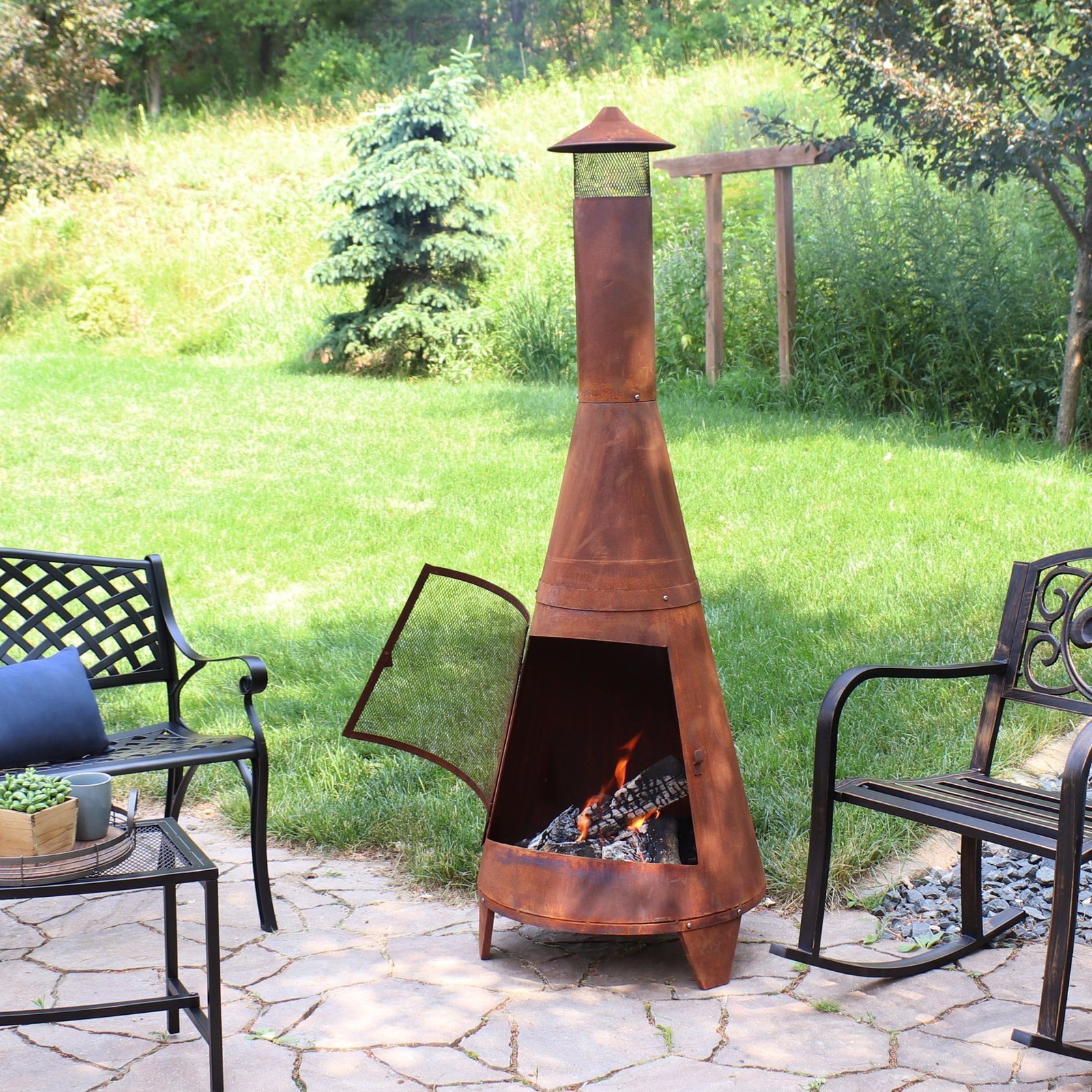 Sunnydaze 70″ Rust Patina Finish Steel Wood-Burning Chiminea with Spark Screen