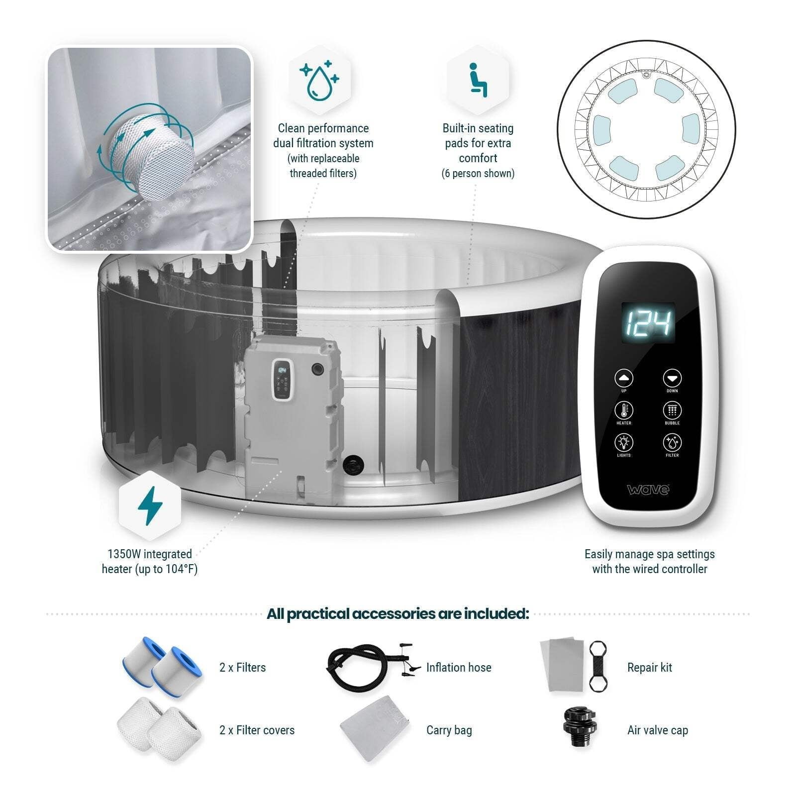 Wave Atlantic 4-Person Round inflatable Hot Tub with integrated Heater and Aquajet Massage System - Image 10