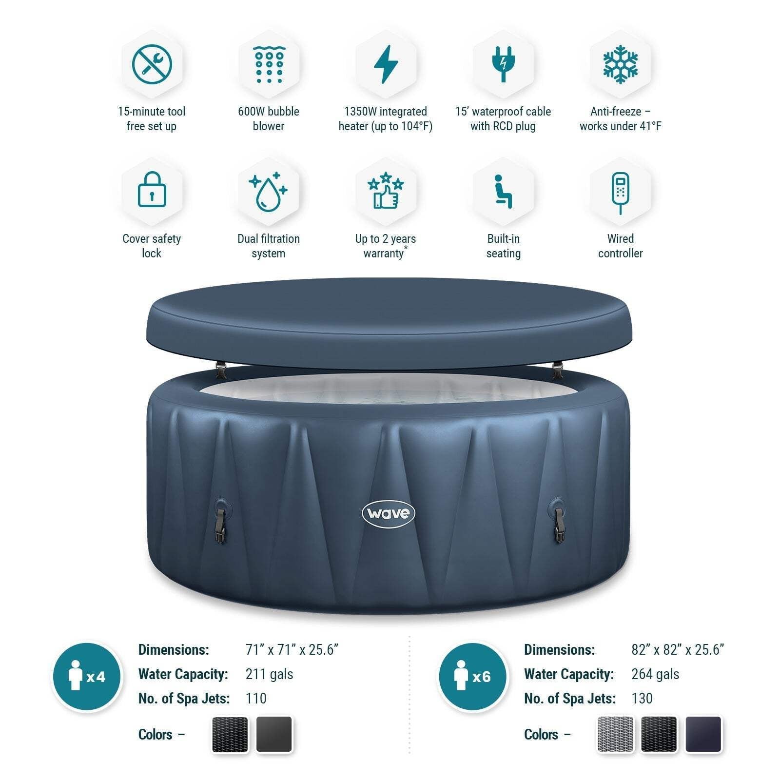 Wave Atlantic 6 Person Round Inflatable Hot Tub, Navy - Image 9