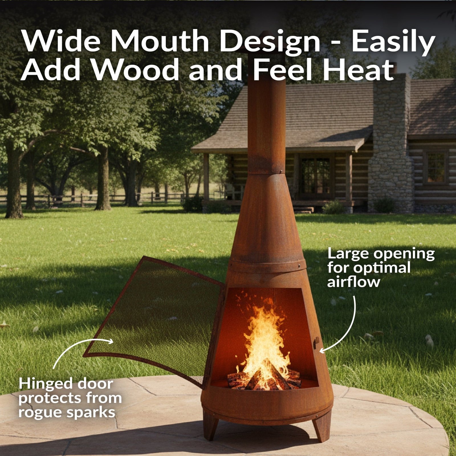 Sunnydaze 70″ Rust Patina Finish Steel Wood-Burning Chiminea with Spark Screen - Image 3