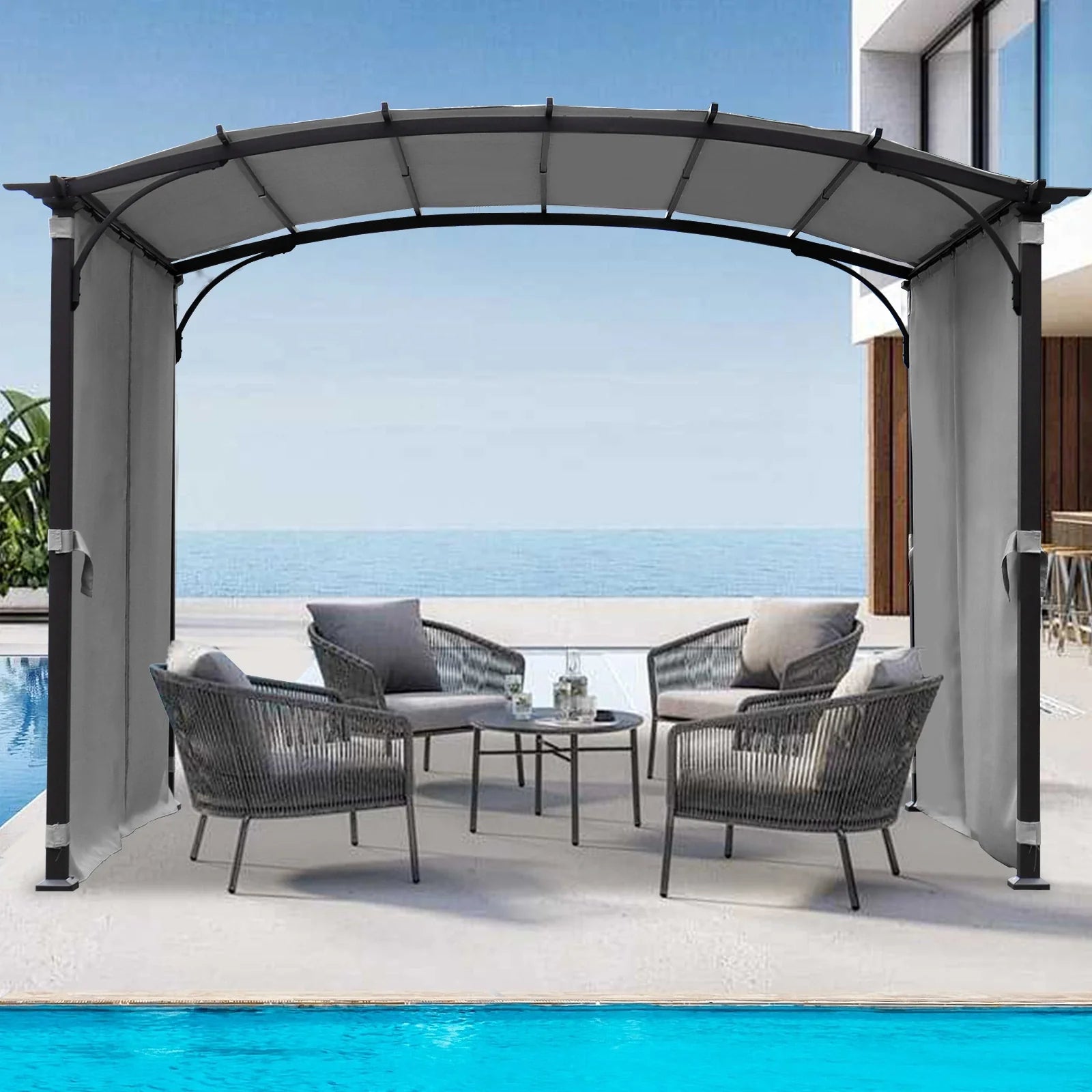 Elegant 9 x 11 ft Arched Patio Pergola Gazebo with Waterproof Sun Shade and Steel Frame