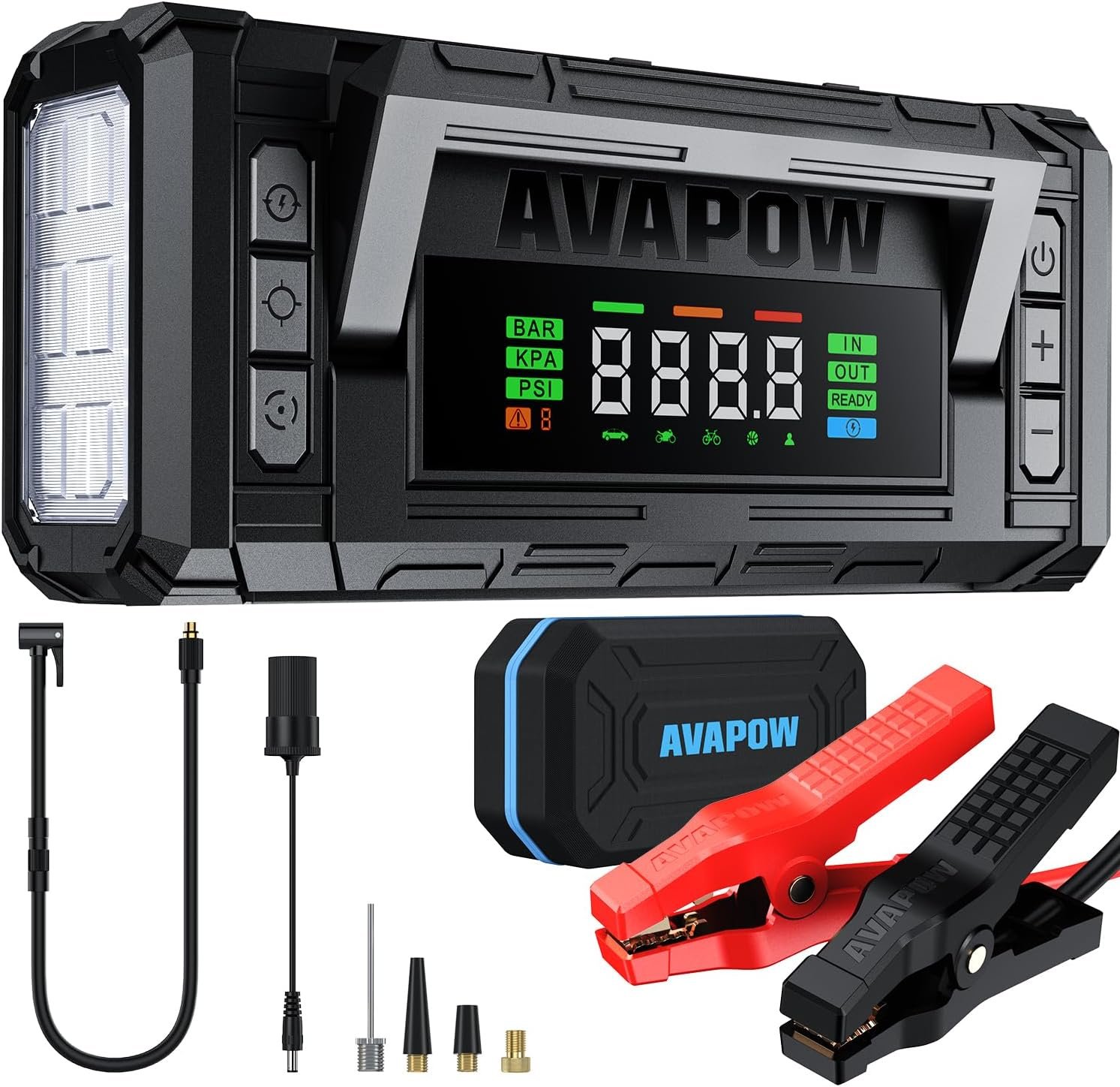 AVAPOW Jump Starter with Air Compressor, 5000A 150PSI Car Battery Jump Starter Portable with 4″ HD Display 12V Jump Box & Battery Booster (8L Gas/8L Diesel) with Auto-Shutoff Tire Inflator