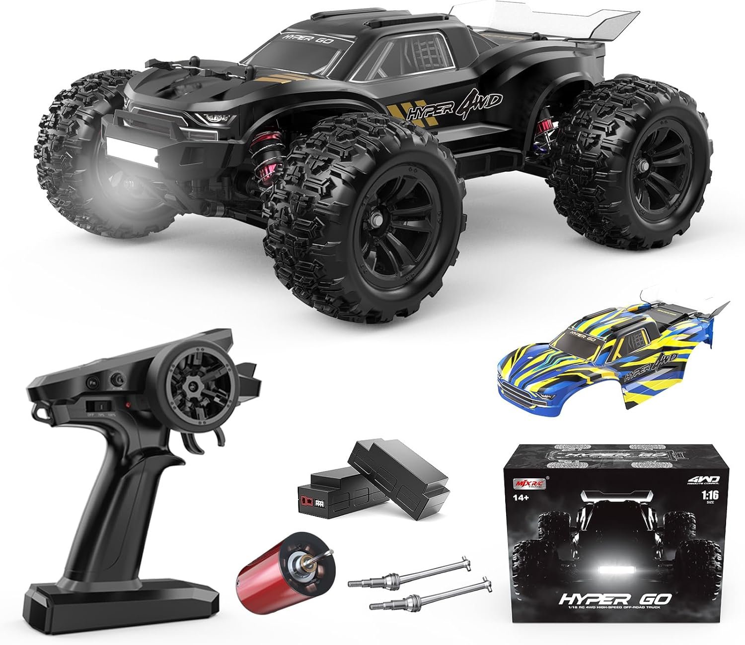 HYPER GO H16BM 1/16 RTR Brushless High-Speed Electric 4×4 Off-Road Fast RC Car, Max 42 mph, RC Truck, Remote Control, 2 LiPo Batteries for Adults