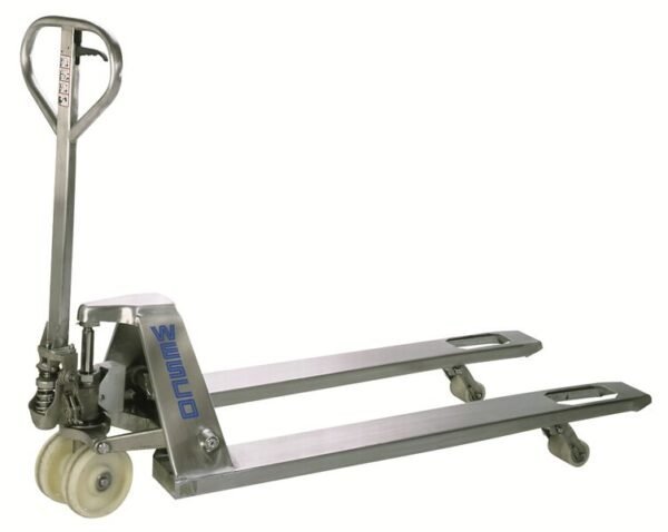 Wesco Stainless Steel Manual Pallet Jack – Chock & Backrest Guards | 5,500 lb Capacity | Model 272152-1